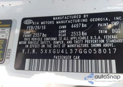 2016 Kia Optima Ex z USA, uszkodzony, nr VIN 5XXGU4L37GG058017